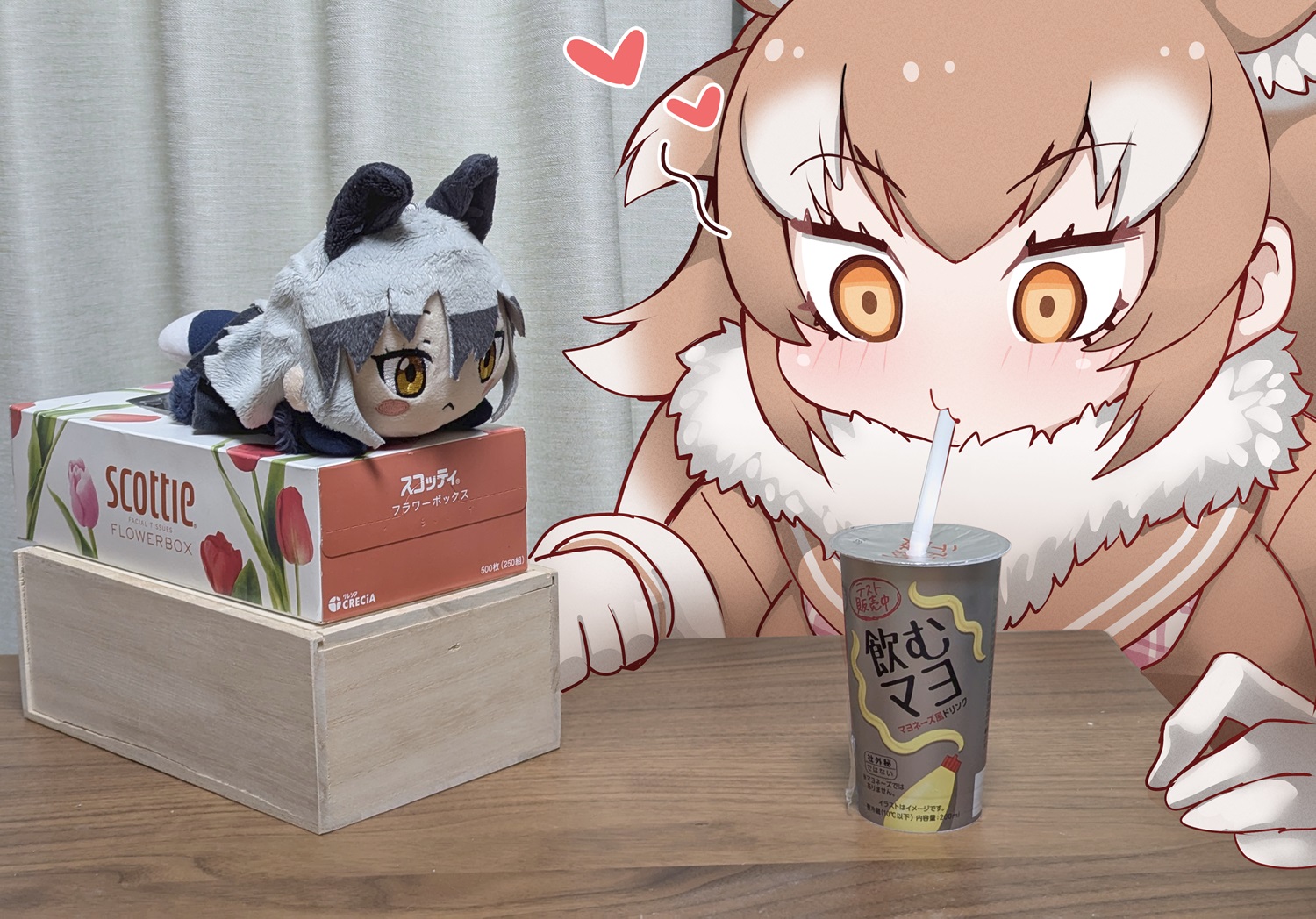 2girls animal_ears blush brown_hair commentary drinking_straw drinking_straw_in_mouth fumo_(doll) fur_collar heart japanese_wolf_(kemono_friends) kemono_friends kemono_friends_3 long_hair long_sleeves mayonnaise multicolored_hair multiple_girls neckerchief photo_(medium) plaid_clothes plaid_neckerchief silver_fox_(kemono_friends) tail tanaka_kusao two-tone_hair white_hair wolf_ears wolf_girl wolf_tail