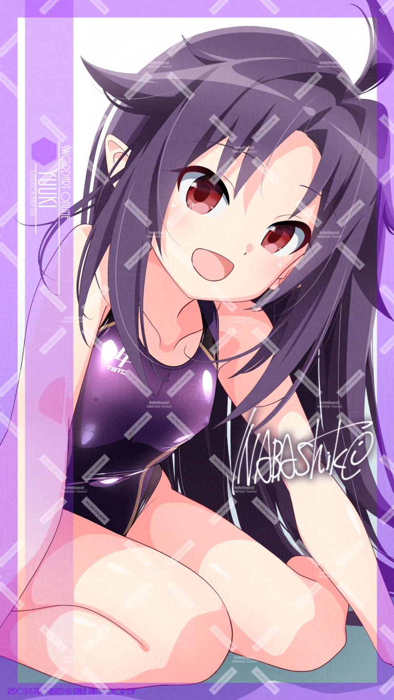 1girl adversarial_noise artist_name breasts character_name competition_swimsuit highres inaba_shiki leaning_forward long_hair looking_at_viewer one-piece_swimsuit pointy_ears purple_hair purple_one-piece_swimsuit red_eyes sitting small_breasts smile solo swimsuit sword_art_online wariza watermark watermark_grid yuuki_(sao)