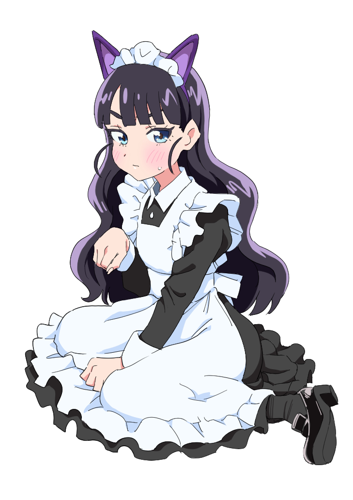 1girl alternate_costume animal_ear_hairband animal_ears apron black_dress black_hair blue_eyes blunt_bangs blush cat_ear_hairband cat_ears closed_mouth collared_dress delicious_party_precure dress fake_animal_ears frilled_apron frilled_dress frills gya-tei hairband hand_up juliet_sleeves kasai_amane long_hair long_sleeves looking_at_viewer maid_apron maid_headdress paw_pose precure puffy_sleeves sidelocks simple_background sitting solo sweatdrop wavy_hair white_apron white_background
