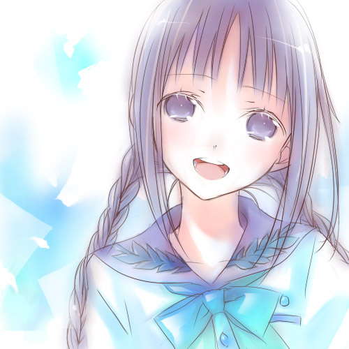 1girl amano_tohko amano_tooko black_hair blunt_bangs bow braid bungaku_shoujo colored_eyelashes dekatanaba eyelashes female_focus happy head_tilt long_hair looking_at_viewer lowres open_mouth purple_eyes purple_hair ribbon school_uniform serafuku sidelocks smile solo twin_braids twintails upper_body very_long_hair