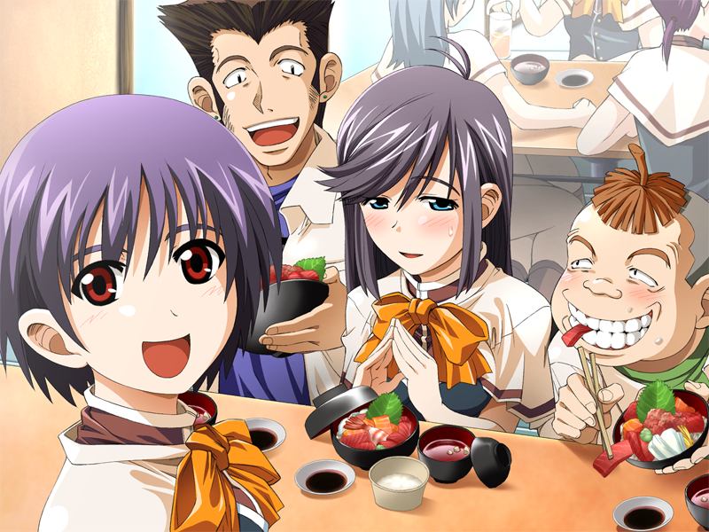2boys 5girls edelweiss food fujisaki_rin game_cg indoors katakura_shinji multiple_boys multiple_girls open_mouth purple_hair short_hair table takase_sakura