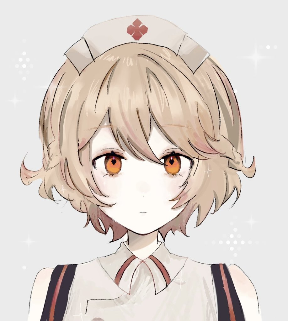 1girl :| blonde_hair braid closed_mouth double-parted_bangs grey_background hair_between_eyes hat looking_at_viewer nurse nurse_cap nurse_robot_type_t orange_eyes short_hair side_braids sleeveless solo sparkle straight-on uf_hil upper_body utau white_hat