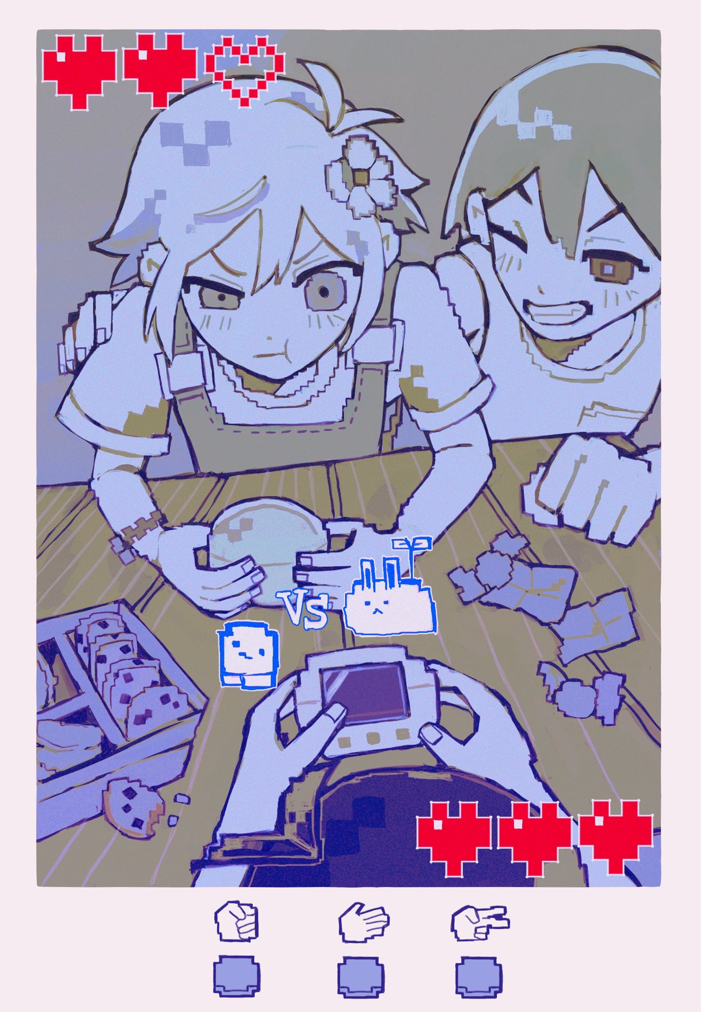 3boys basil_(faraway)_(omori) basil_(omori) cookie flower food grin hair_flower hair_ornament heart highres jash_(omori) kel_(faraway)_(omori) kel_(omori) limited_palette looking_at_another milkymilkyshark multiple_boys omori one_eye_closed overalls parted_lips pout short_hair short_sleeves smile sprout_bunny_(omori) sunny_(omori) teeth