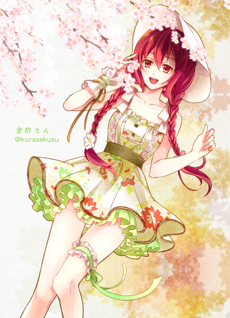 1girl :d braid collarbone dress female_focus floating_hair floral_print free! green_dress green_ribbon hair_between_eyes hat layered_dress long_hair matsuoka_gou momoko_(momoko14) open_mouth print_dress red_eyes red_hair ribbon short_dress sleeveless sleeveless_dress smile solo sun_hat thigh_strap twin_braids twitter_username very_long_hair white_hat wrist_cuffs