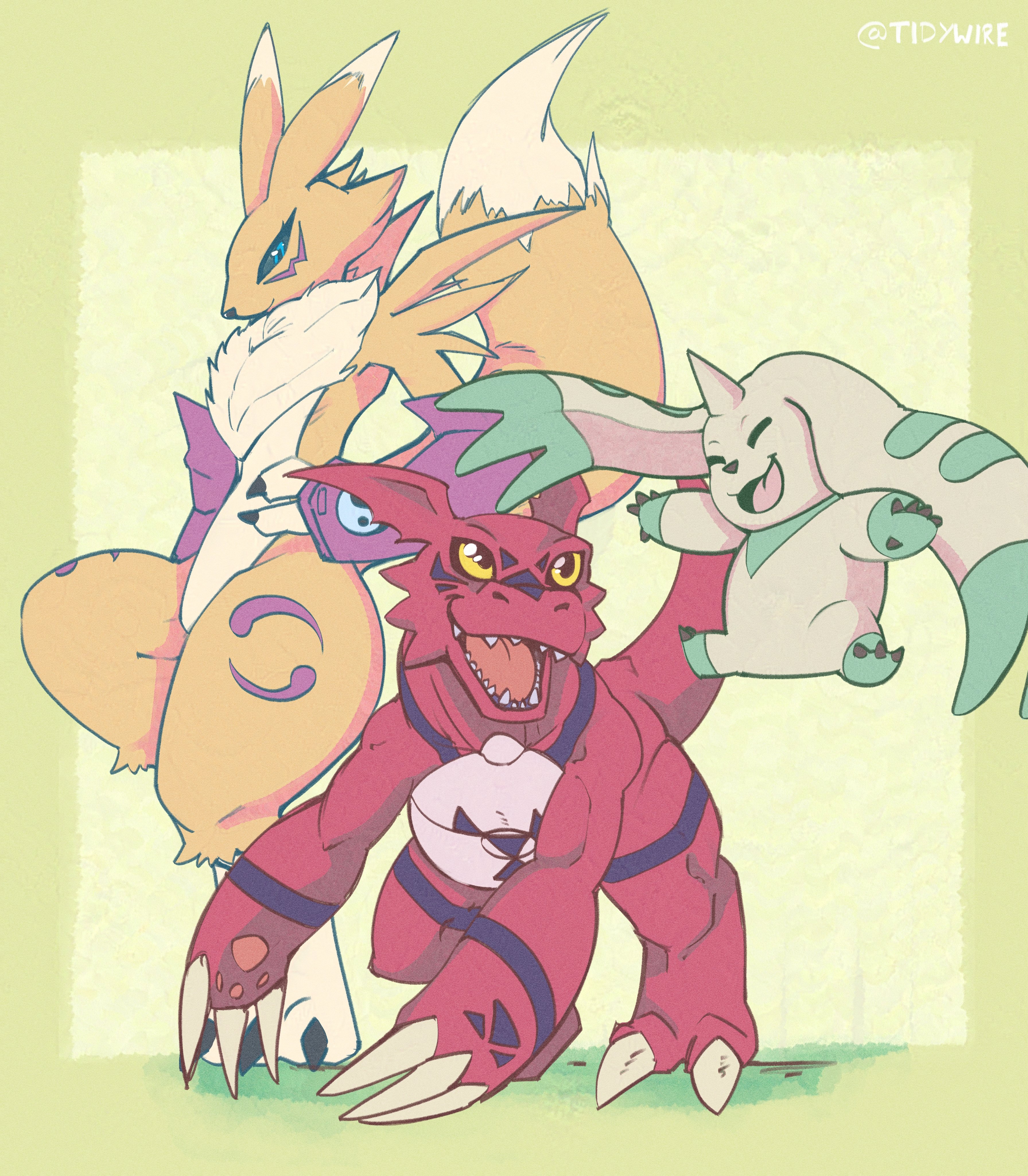absurdres black_sclera blue_eyes body_fur closed_eyes colored_sclera digimon digimon_(creature) digimon_tamers dinosaur full_body green_background group_picture guilmon highres horns kitsune renamon simple_background single_horn standing terriermon tidywire twitter_username yellow_eyes yellow_fur