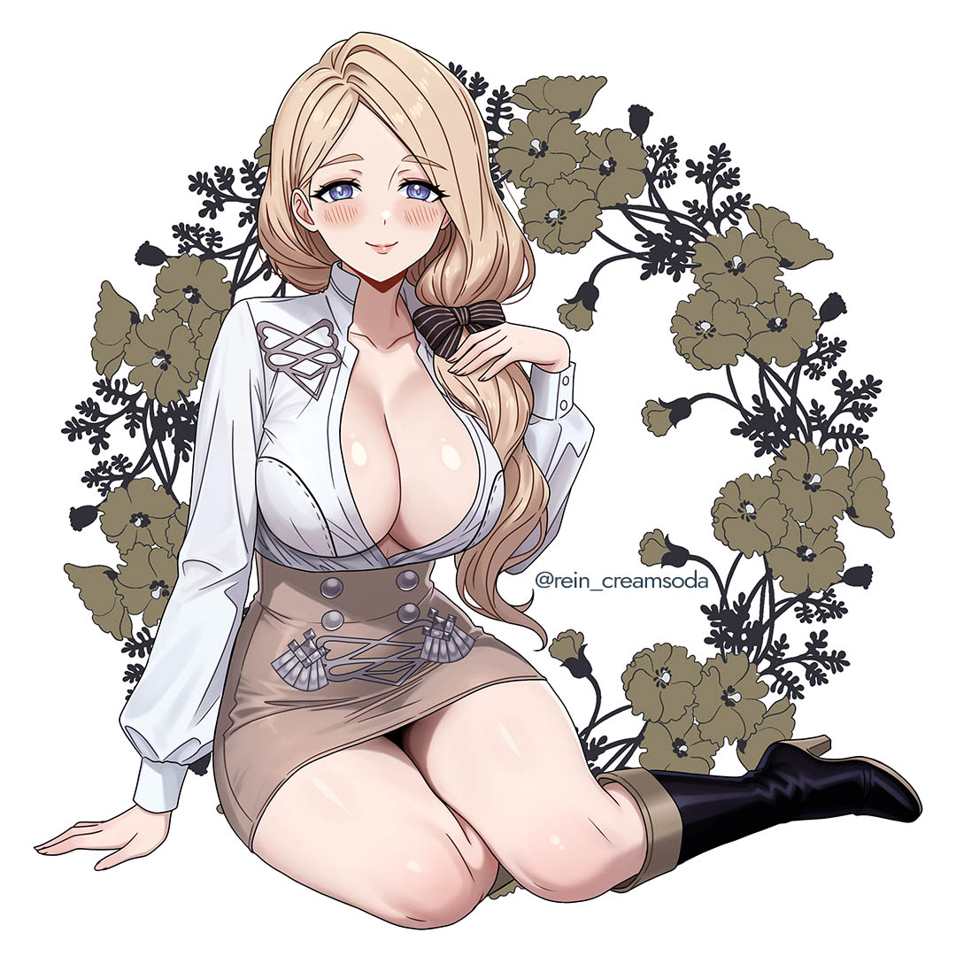 1girl artist_name blonde_hair blue_eyes blush boots breasts bursting_breasts cleavage fire_emblem fire_emblem_heroes garreg_mach_monastery_uniform hair_over_shoulder high_heel_boots high_heels large_breasts long_hair looking_at_viewer mercedes_von_martritz nintendo ponytail rein_creamsoda sitting skirt smile solo white_background