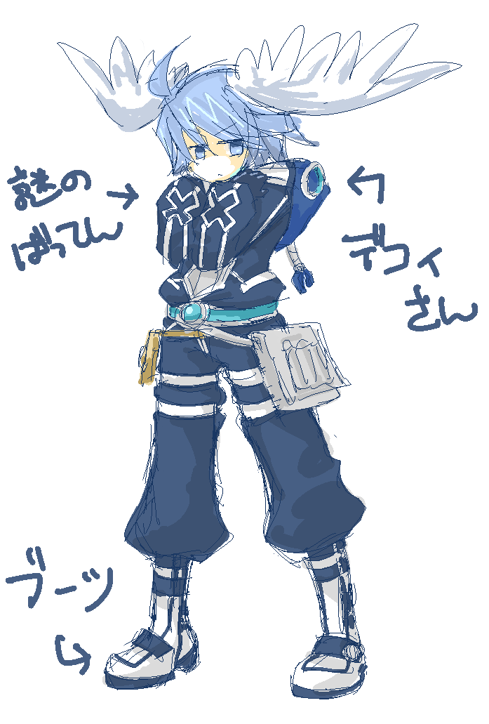 1boy ahoge belt blue_belt blue_eyes blue_hair blue_jumpsuit boots closed_mouth commentary_request doroidsan feathered_wings frown full_body head_wings jumpsuit looking_at_viewer male_focus mechanic_(ragnarok_online) ragnarok_online short_hair simple_background sketch solo translation_request v-shaped_eyebrows white_background white_boots wings