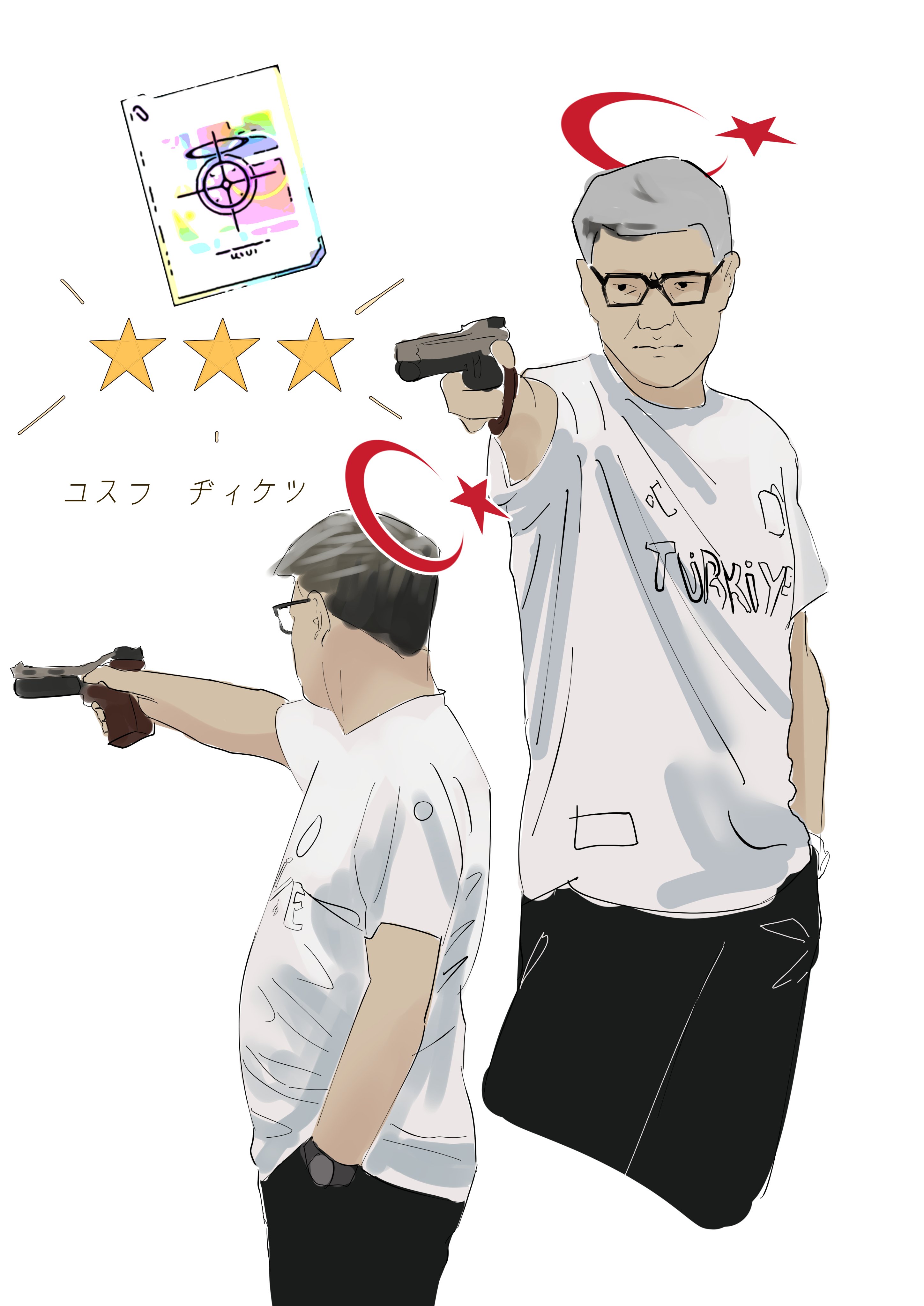 1boy 2024_summer_olympics absurdres black_pants blue_archive character_name cyrilashnmsh gacha_(game_mechanic) glasses grey_hair gun halo hand_in_pocket highres holding holding_gun holding_weapon multiple_views olympics pants real_life red_halo shirt short_sleeves simple_background sketch turkey_(country) watch weapon white_shirt wristwatch yusuf_dikec yusuf_dikec_(meme)