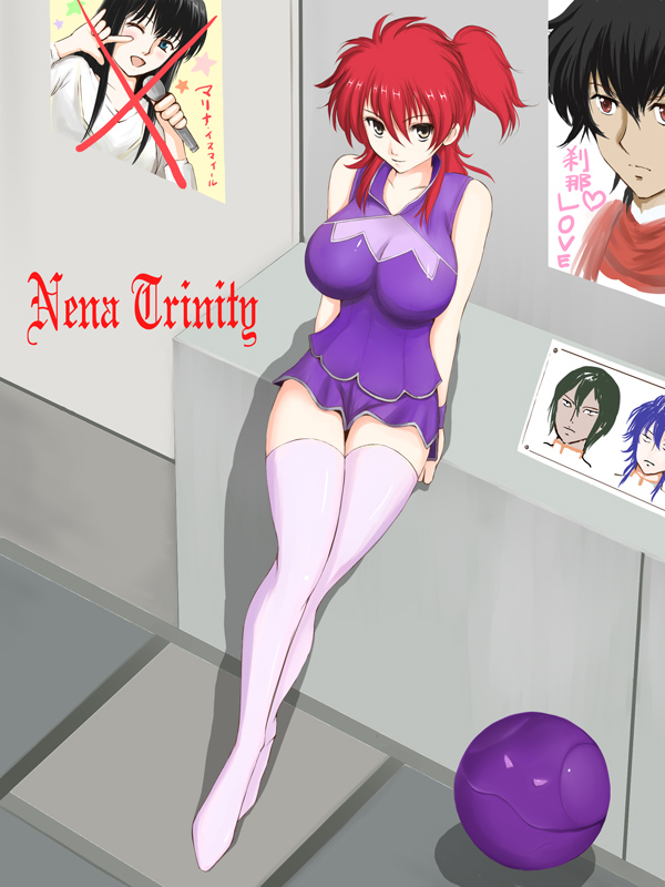 00s 1girl bad_haro ball breasts cleavage female_focus gundam gundam_00 johann_trinity large_breasts long_legs marina_ismail michael_trinity nena_trinity niwatori_kokezou red_hair see-through_clothes setsuna_f._seiei smile solo thighhighs translated yellow_eyes zettai_ryouiki