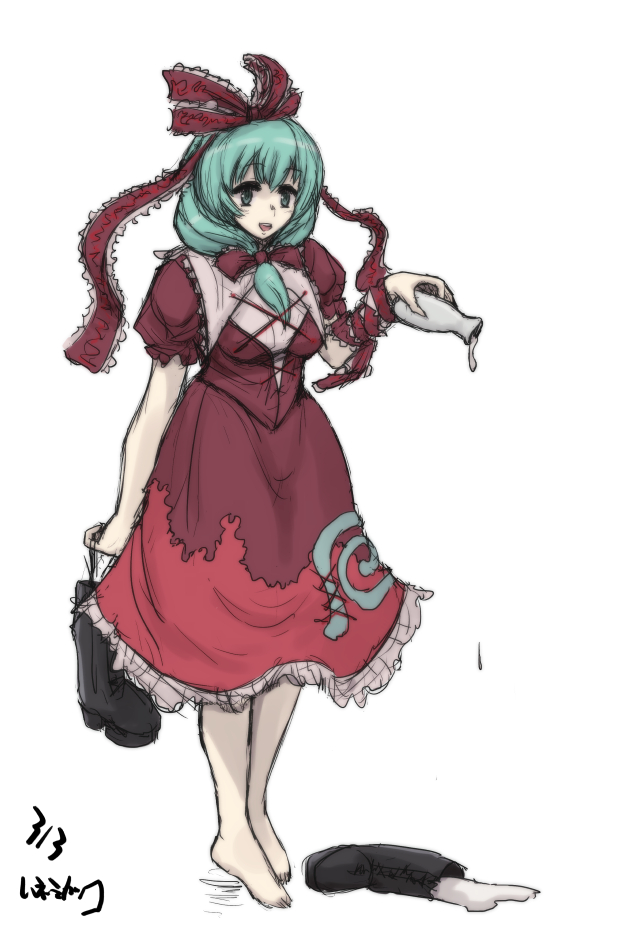 1girl alcohol barefoot black_boots boots bow breasts commentary_request dress frilled_sleeves frills front_ponytail full_body green_eyes green_hair hair_bow hanemikakko kagiyama_hina long_hair looking_at_viewer medium_breasts open_mouth red_dress sake short_sleeves simple_background smile solo tokkuri touhou unworn_boots white_background