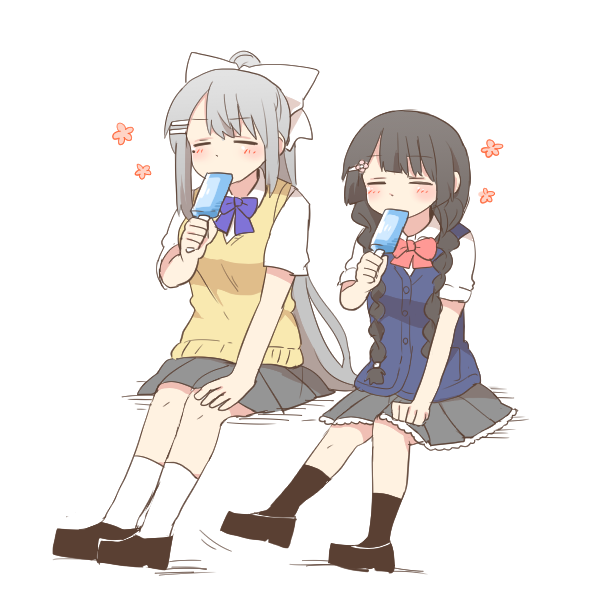 2girls black_hair black_shoes black_socks blush_stickers bow braid cardigan_vest chibi closed_eyes collared_shirt facing_viewer food grey_hair grey_skirt hair_bow hair_over_shoulder higuchi_kaede higuchi_kaede_(3rd_costume) holding holding_food long_hair low_twintails mole mole_under_eye multiple_girls nijisanji pink_bow pleated_skirt ponytail popsicle purple_bow rebecca_(keinelove) school_uniform shadow shirt shoes simple_background sitting skirt socks sweater_vest tsukino_mito tsukino_mito_(summer_uniform) twin_braids twintails very_long_hair virtual_youtuber white_background white_bow white_shirt white_socks