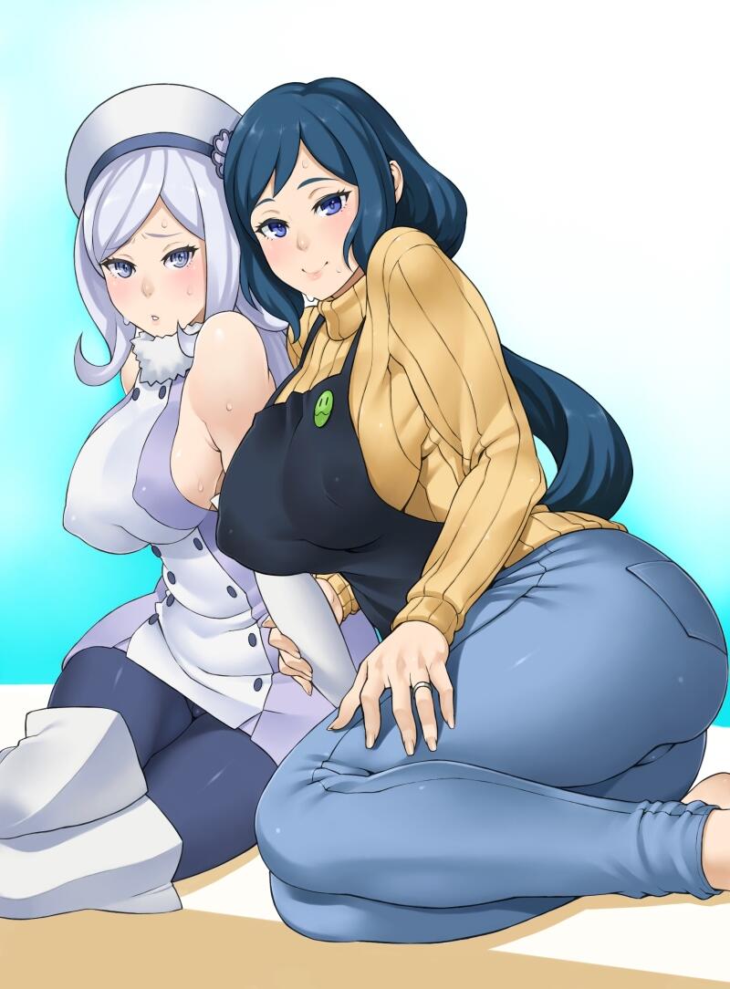 2girls aila_jyrkiainen bare_shoulders beret blue_eyes blue_hair blush boots breasts curvy elbow_gloves fur_trim gloves gradient_background gundam gundam_build_fighters hand_on_own_thigh hat iori_rinko jewelry large_breasts long_hair looking_at_viewer low_ponytail mature_female multiple_girls open_mouth pantyhose ponytail ribbed_sweater ring sideboob silver_hair simple_background sitting smile solid_air sweat sweater thigh_boots thighhighs turtleneck wedding_ring