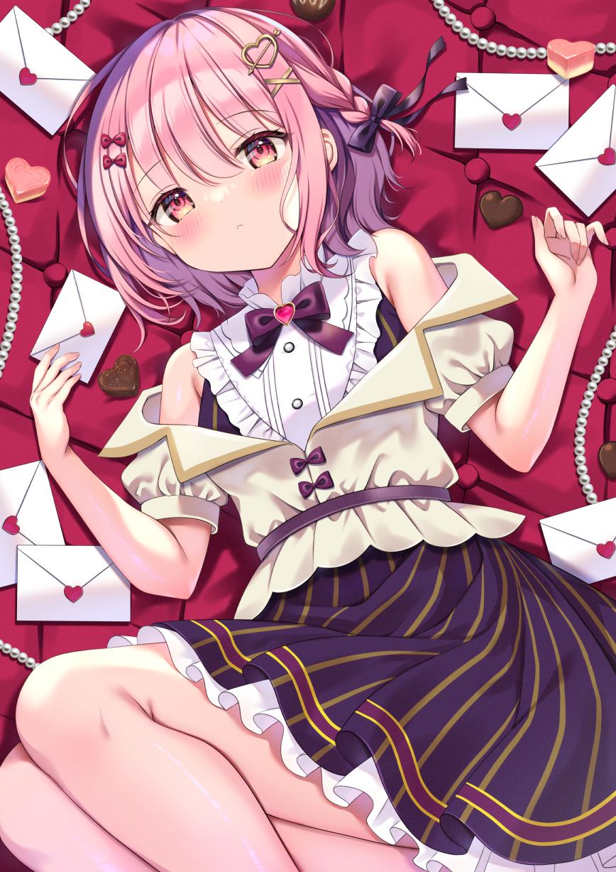 1girl :c arrow_hair_ornament bare_shoulders beads belt blush bow bowtie braid brooch buttons candy center_frills chocolate chocolate_heart collared_shirt food frilled_shirt_collar frilled_skirt frills hair_between_eyes hair_bow hair_ornament hairpin hands_up heart heart-shaped_food heart_brooch heart_hair_ornament highres holding holding_letter indie_virtual_youtuber jewelry layered_clothes letter lying maisaki_berry miwa_uni on_back pink_brooch pink_eyes pink_hair puffy_short_sleeves puffy_sleeves purple_background purple_belt purple_bow purple_bowtie purple_skirt purple_undershirt shirt shirt_bow short_hair short_sleeves side_braid sidelocks skirt sleeveless sleeveless_shirt solo striped_clothes striped_skirt thighs undershirt vertical-striped_clothes vertical-striped_skirt virtual_youtuber white_shirt yellow_shirt