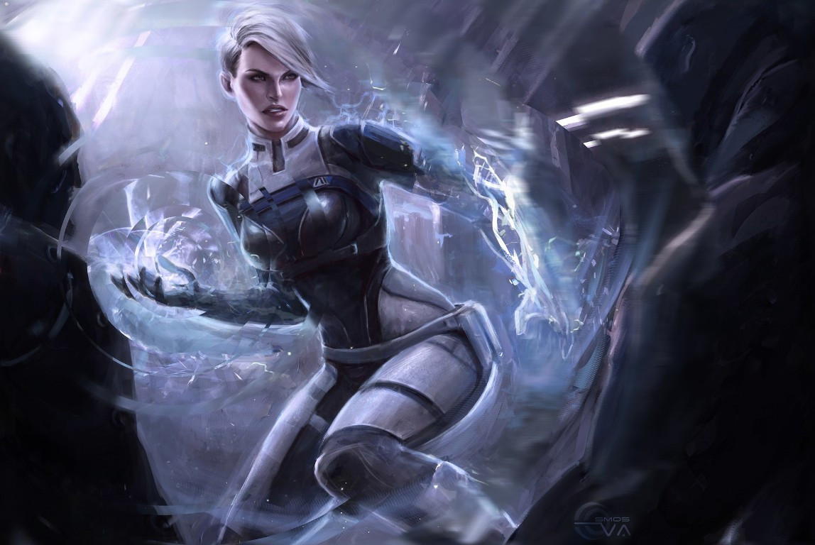 1girl blonde_hair blue_eyes bodysuit breasts commentary cora_harper english_commentary eva_kosmos frown hallway indoors mass_effect:_andromeda mass_effect_(series) medium_breasts open_hands short_hair solo swept_bangs v-shaped_eyebrows white_bodysuit