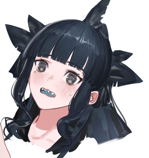 1girl artemis_of_the_blue atelier_live black_eyes black_hair blue_tongue colored_tongue commentary english_commentary ex-trident mole mole_under_eye open_mouth ponytail shark_fin shark_girl sharp_teeth simple_background solo sweatdrop teeth virtual_youtuber wavy_sidelocks white_background