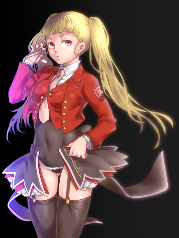1girl asmodeus_(umineko) black_thighhighs blonde_hair garter_straps leotard misumi_kouji nail_polish necktie no_naku_koro_ni_(series) red_eyes stakes_of_purgatory thighhighs twintails umineko_no_naku_koro_ni