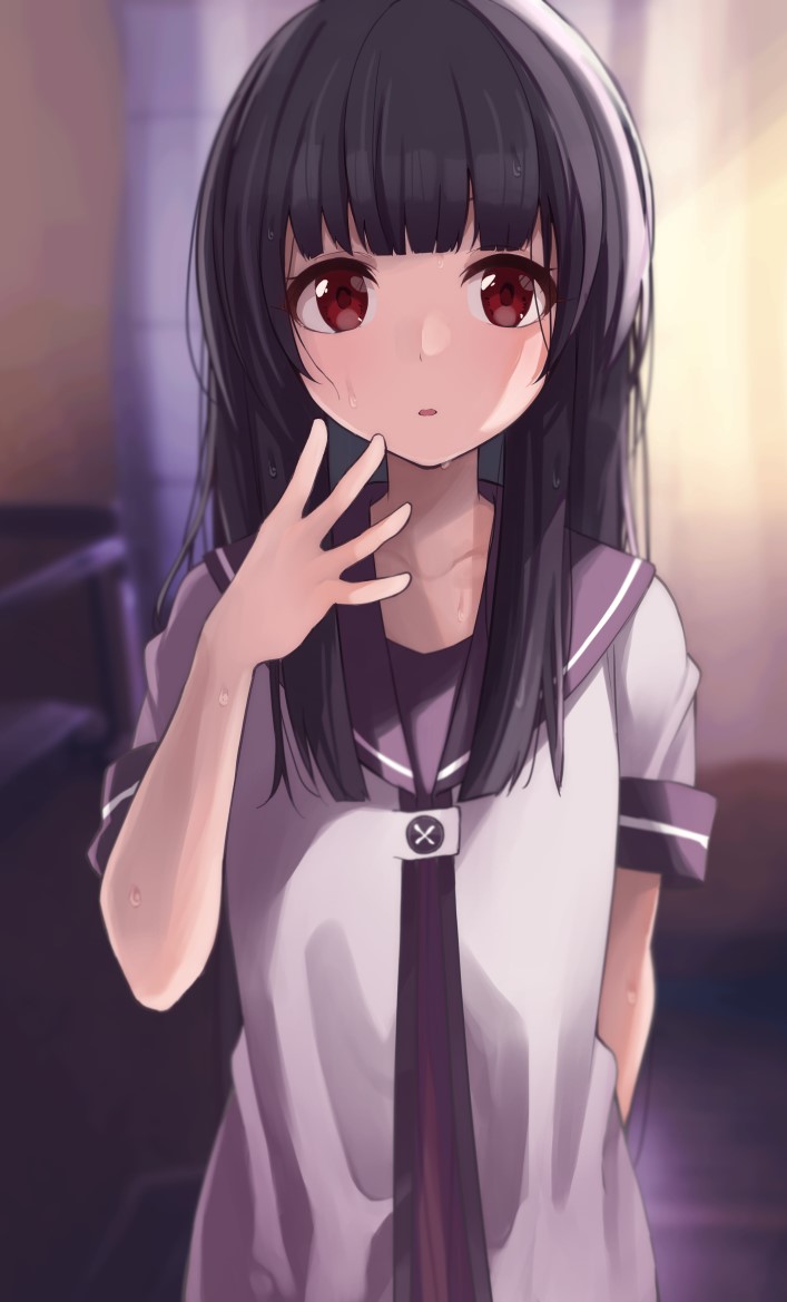 1girl arm_behind_back black_hair blunt_bangs collarbone collared_shirt long_hair looking_at_viewer matsumoto_rise nanamori_school_uniform neckerchief open_mouth purple_sailor_collar red_eyes sailor_collar sailor_shirt school_uniform serafuku shirt short_sleeves solo straight_hair tennosuke_(tejons) upper_body wet wet_hair white_shirt yuru_yuri