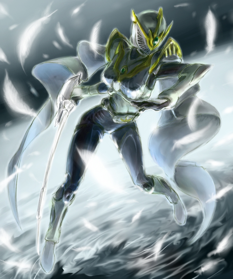 1girl armor bad_id bad_pixiv_id belt cape feathers female_focus helmet kamen_rider kamen_rider_femme kamen_rider_ryuki_(series) solo sword tokieda weapon