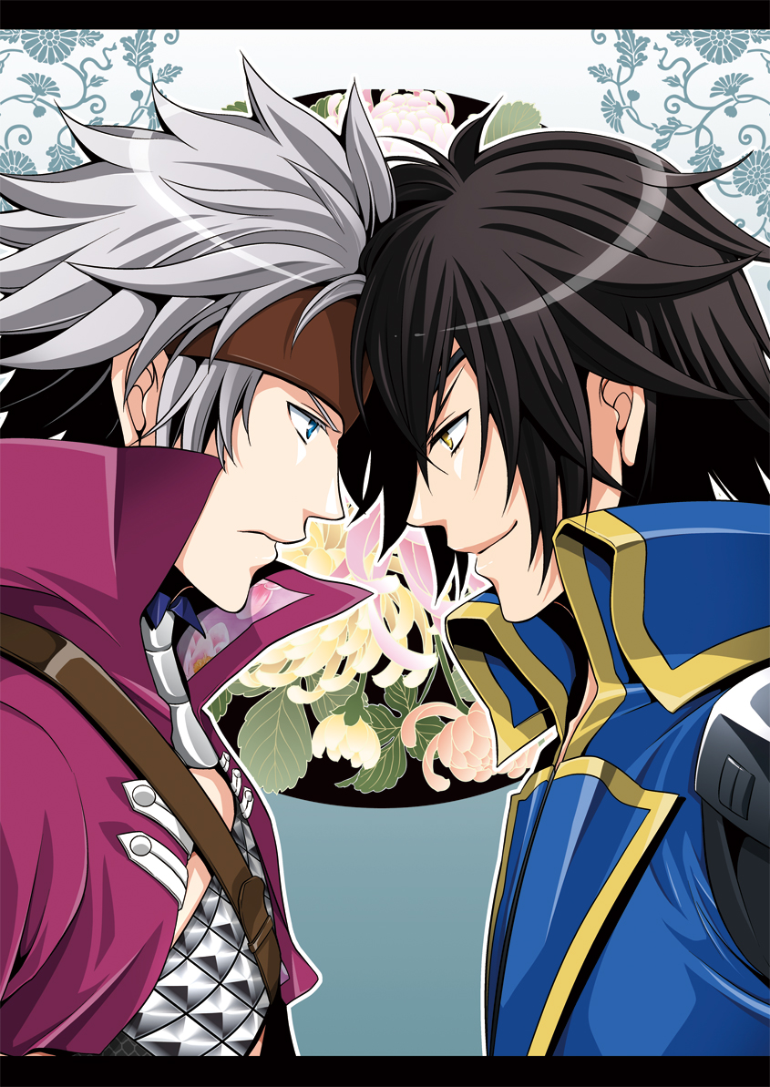2boys black_hair blue_eyes chousokabe_motochika_(sengoku_basara) date_masamune_(sengoku_basara) eye_contact eyepatch forehead-to-forehead from_side frown grey_hair heads_together letterboxed looking_at_another male_focus multiple_boys official_alternate_costume portrait sengoku_basara short_hair smile warabi_(waradoko) yellow_eyes