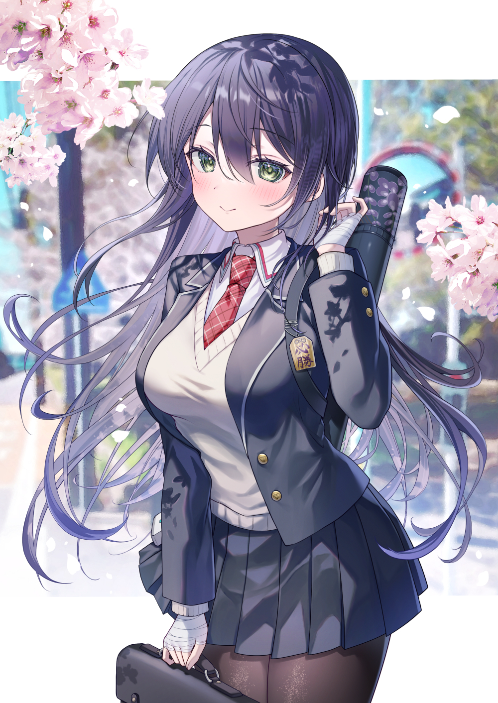 1girl bandaged_hand bandages black_hair black_jacket black_skirt blazer blurry blurry_background blush breasts briefcase brown_pantyhose brown_sweater closed_mouth collared_shirt commentary depth_of_field flower genderswap genderswap_(mtf) green_eyes gyozanuko hair_between_eyes highres holding jacket kenmochi_touko kenmochi_touya long_hair medium_breasts necktie nijisanji open_clothes open_jacket pantyhose pink_flower plaid_clothes plaid_necktie pleated_skirt red_necktie school_briefcase school_uniform shirt skirt smile solo sweater symbol-only_commentary very_long_hair virtual_youtuber white_shirt