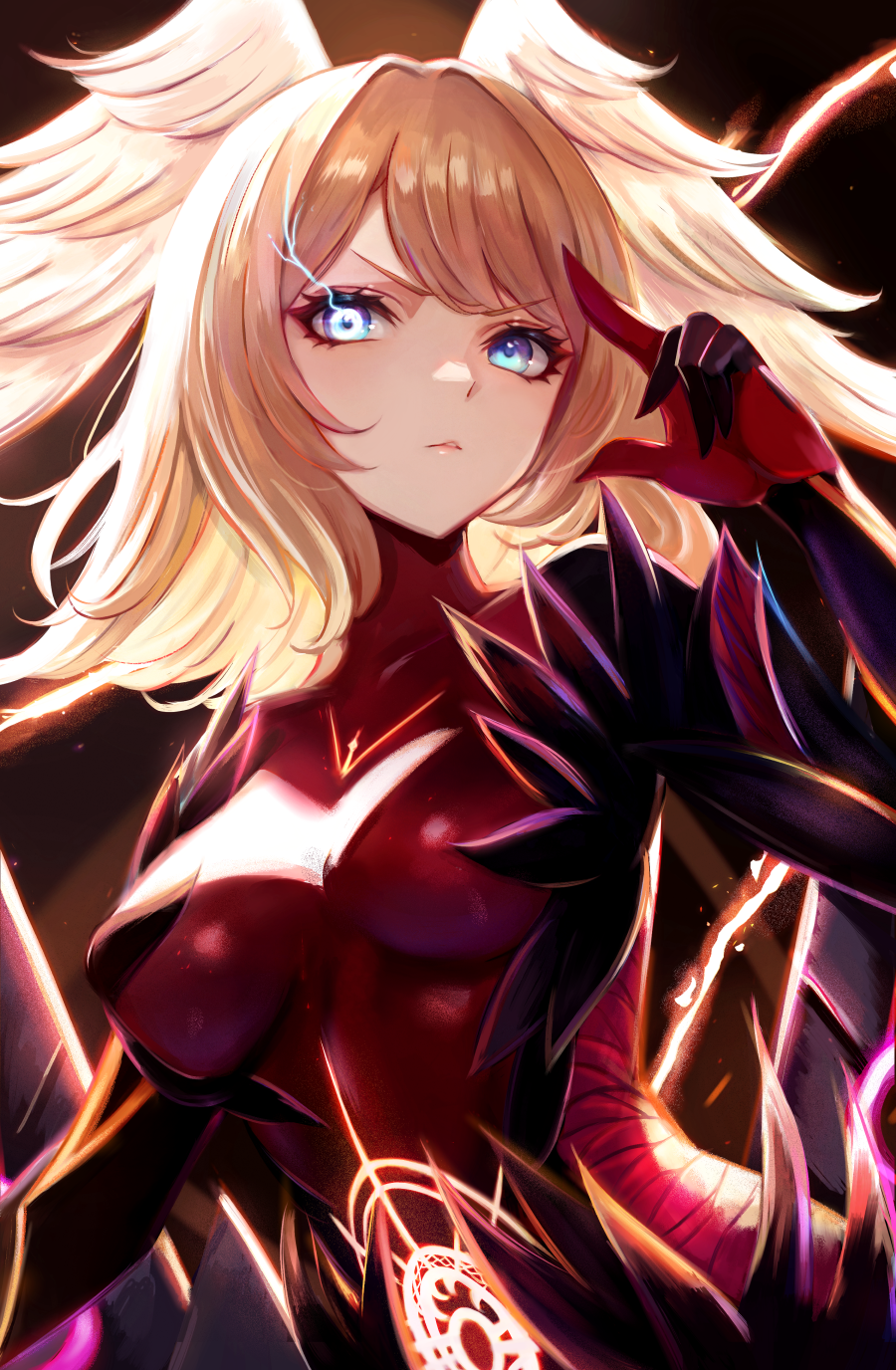 1girl blue_eyes breasts breasts_apart brown_hair colored_skin eunie_(xenoblade) eyelashes feathered_wings glowing hand_up head_wings highres large_breasts leonmandala looking_at_viewer medium_hair ouroboros_(xenoblade) parted_lips red_skin solo stomach swept_bangs upper_body white_wings wings xenoblade_chronicles_(series) xenoblade_chronicles_3