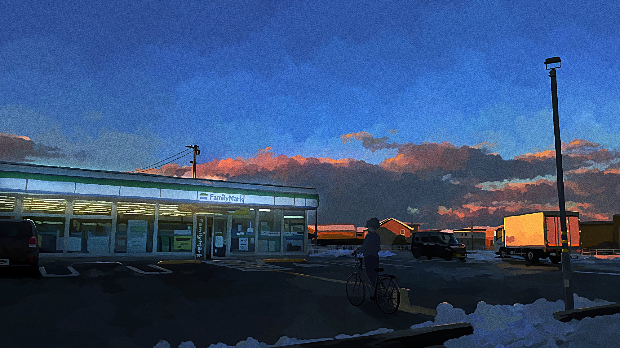 1boy banakotakemaru bicycle blue_sky brand_name_imitation cloud cloudy_sky commentary_request convenience_store familymart highres motor_vehicle original outdoors parking_lot power_lines scenery shop sky solo truck utility_pole wide_shot