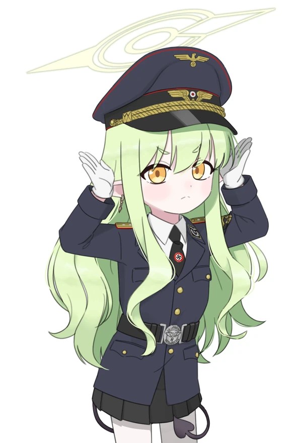 1girl black_cat03 blue_archive halo hikari_(blue_archive) long_hair military_uniform nazi pointy_ears rabbit_pose simple_background solo wavy_hair white_background yellow_eyes