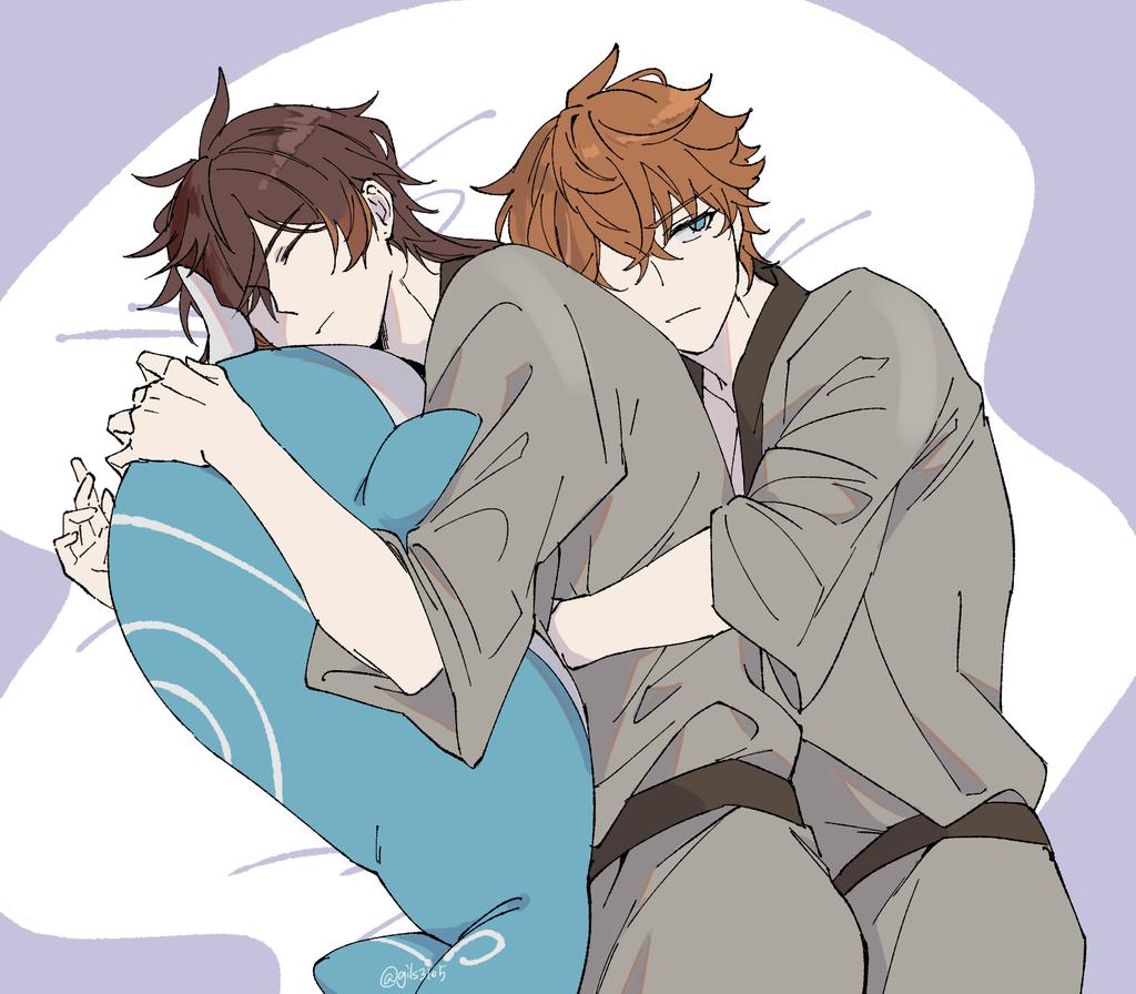 2boys alternate_costume bed genshin_impact gils3105 looking_over_shoulder multiple_boys narwhal on_bed pajamas sleeping stuffed_animal stuffed_toy tartaglia_(genshin_impact) twitter zhongli_(genshin_impact)