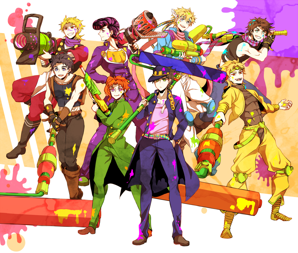 6+boys aiming bad_id bad_pixiv_id boots caesar_anthonio_zeppeli crossover dio_brando dual_persona earrings fingerless_gloves gakuran gloves gun headband higashikata_josuke jacket jewelry jojo_no_kimyou_na_bouken jonathan_joestar joseph_joestar joseph_joestar_(young) kakyoin_noriaki knee_pads kuujou_joutarou male_focus multicolored_background multiple_boys nintendo paint paint_splatter parody pointy_footwear pompadour school_uniform shoes shuntaro_(syun_gaomu) simple_background splat_charger_(splatoon) splat_roller_(splatoon) splatoon_(series) splatoon_1 splattershot_(splatoon) striped_background tank_top weapon winged_hair_ornament