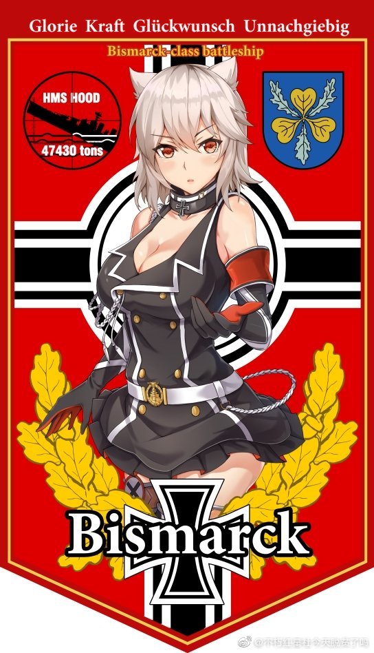 1girl animal_ears bismarck_(warship_girls_r) breasts buxiuhongxingshe_jintiantuopinlema cleavage collar elbow_gloves english_text flag_background gloves large_breasts looking_at_viewer military military_uniform red_eyes short_hair solo thighhighs warship_girls_r watermark weibo_watermark white_hair