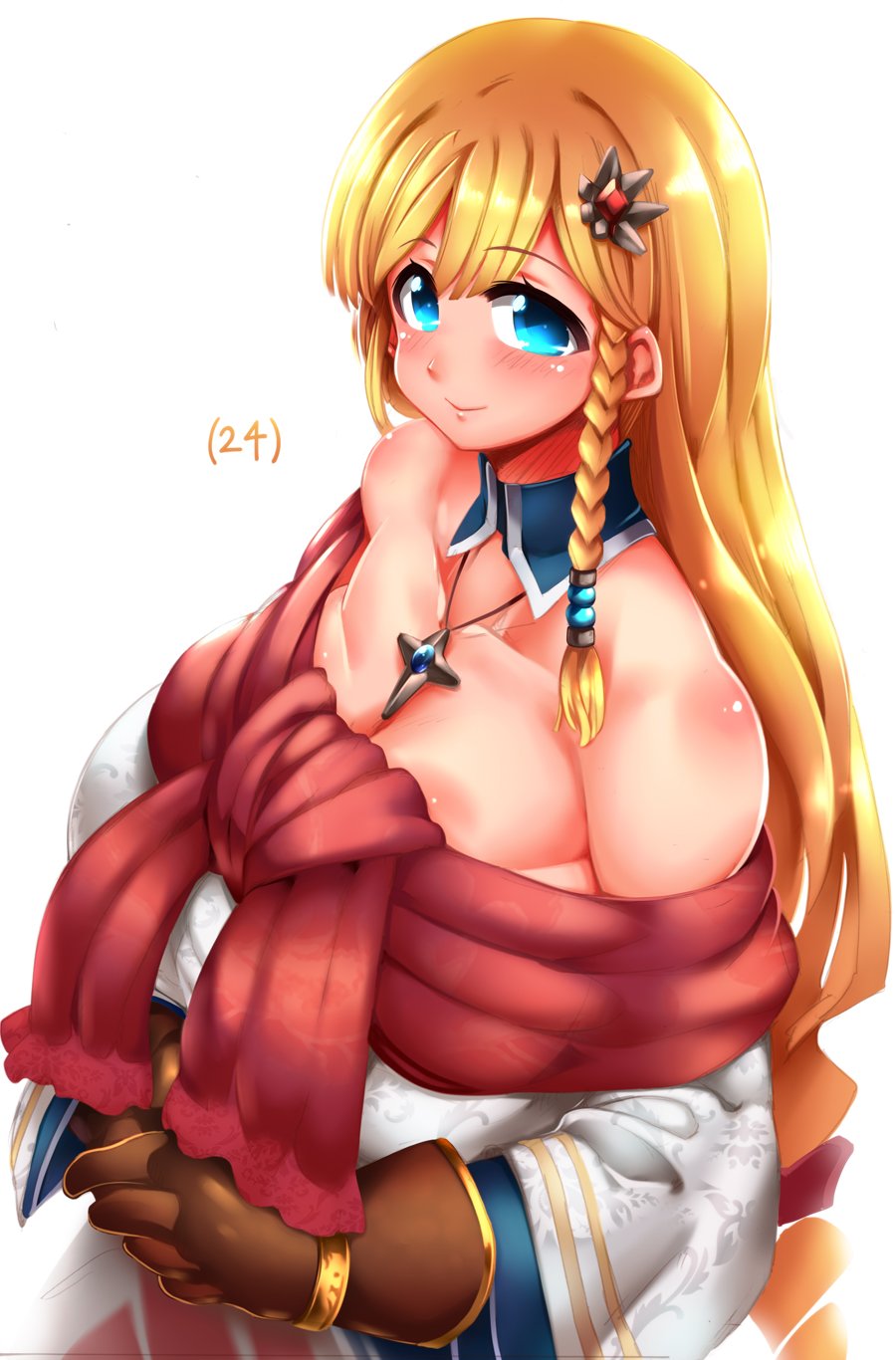 1girl arc_the_lad arc_the_lad_ii bare_shoulders blonde_hair blush braid breasts closed_mouth collarbone dress gloves highres huge_breasts lieza_(arc_the_lad) long_hair looking_at_viewer low-tied_long_hair simple_background single_braid smile solo tokyo_(great_akuta) very_long_hair white_background
