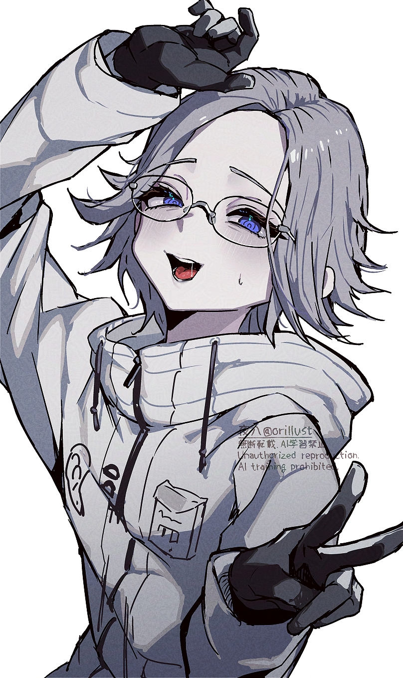 1boy aotsuki_eito arm_up black_gloves blue_eyes coat glasses gloves grey_hair highres hood hood_down hooded_coat long_sleeves looking_at_viewer male_focus open_mouth pale_skin saliva simple_background solo sweat the_hundred_line_-last_defense_academy- upper_body v white_background white_coat yoruhachi