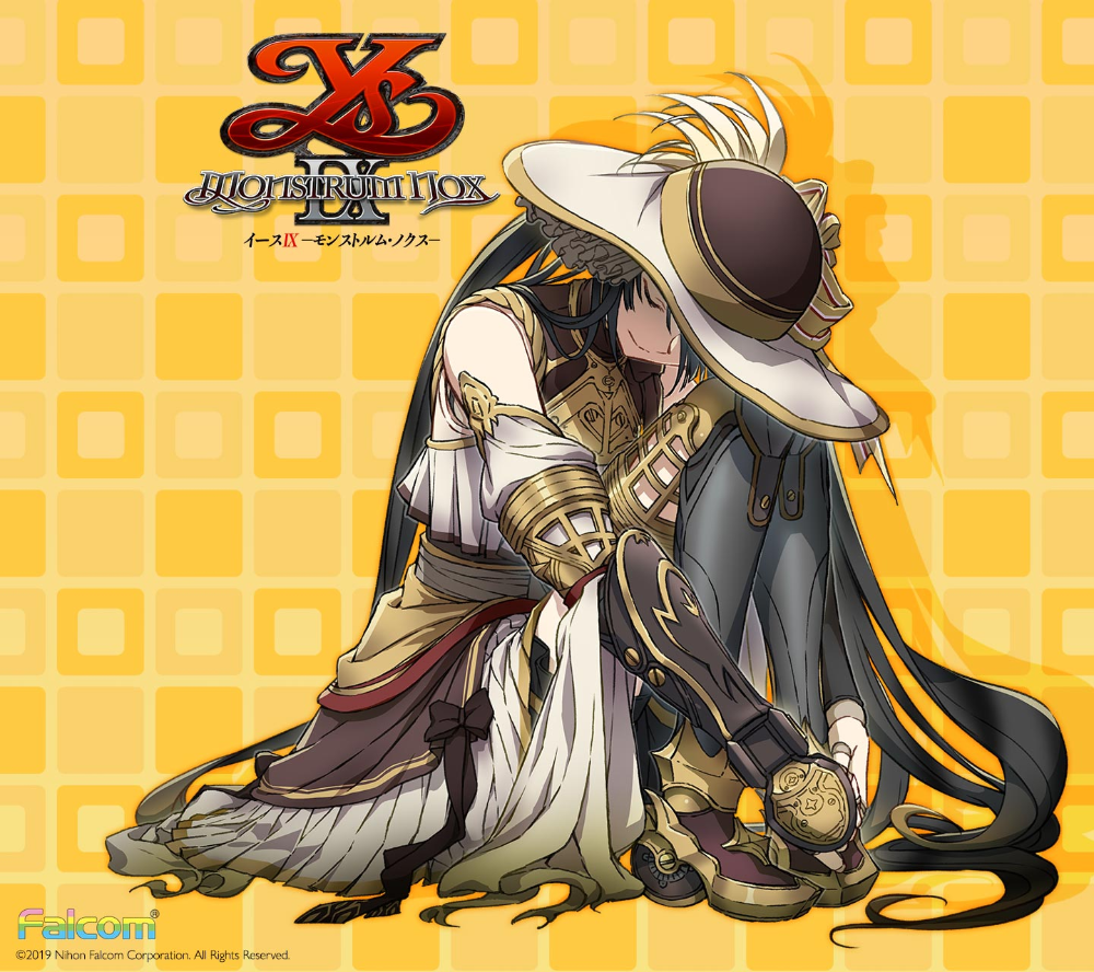 1girl black_hair closed_eyes copyright_logo copyright_name detached_sleeves doll_(ys) doll_joints dress full_body head_on_knee high_heels hugging_own_legs joints knees_up long_hair nakbe official_art orange_background picture_hat simple_background sitting sleeveless sleeveless_dress smile solo third-party_source vambraces very_long_hair wheel ys ys_ix:_monstrum_nox