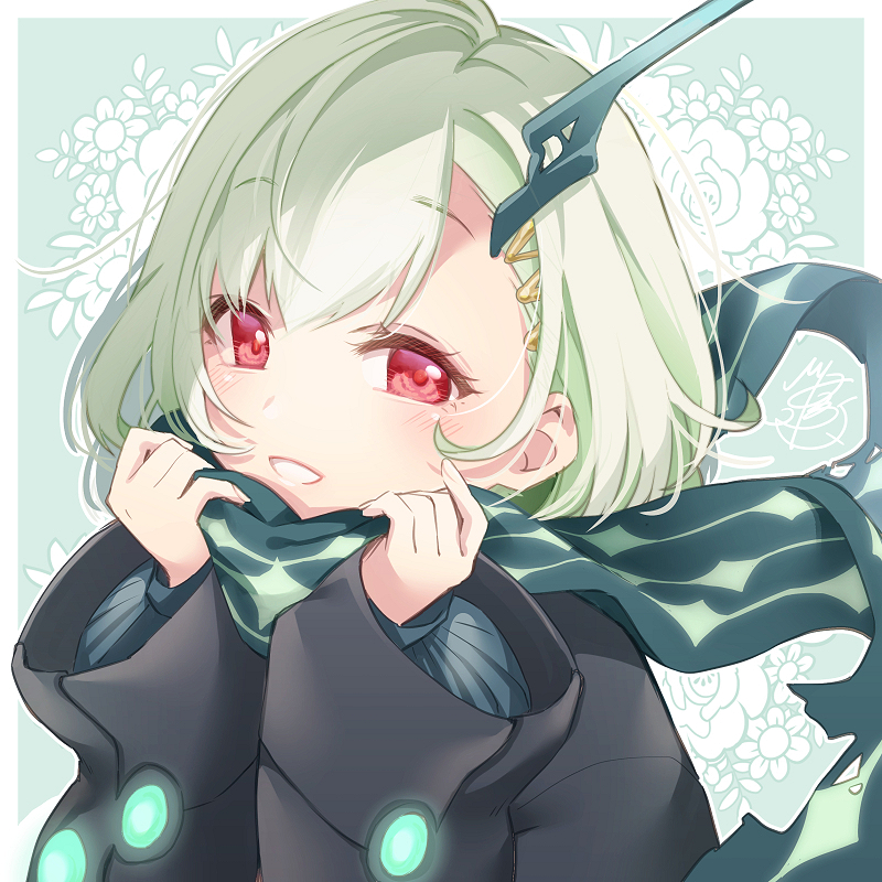 1girl black_jacket blue_scarf blush floral_background hair_ornament hairpin hinata_mizuiro jacket little_match_girl_(sinoalice) long_sleeves looking_at_viewer red_eyes scarf short_hair simple_background sinoalice smile solo upper_body