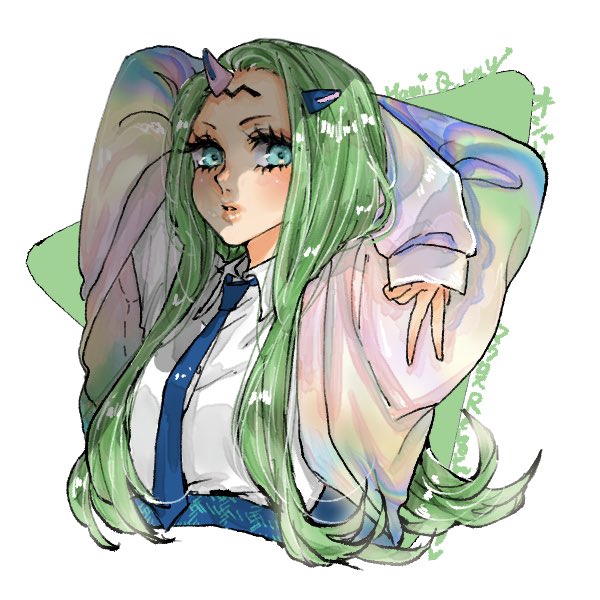 1girl alternate_costume blue_eyes blue_necktie blue_skirt blush cardigan collared_shirt game_no_yumeko green_hair grey_cardigan horns long_hair looking_at_viewer macross macross_delta macross_delta:_zettai_live!!!!!! necktie parted_lips pink_lips school_uniform shirt shirt_tucked_in skirt solo upper_body very_long_hair white_shirt yami_reina