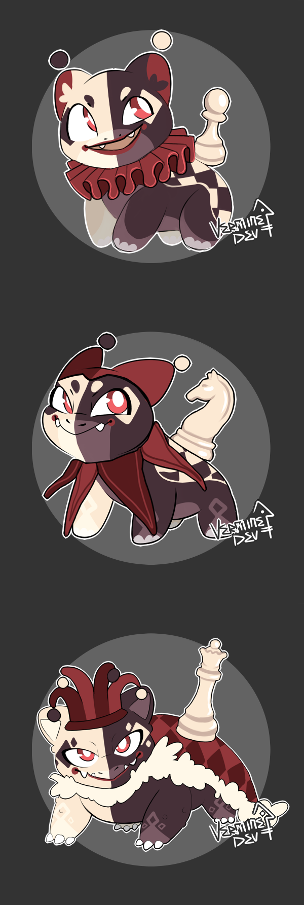 adoptable alternate_color bulbasaur cape chess_piece claws clothed_pokemon evolutionary_line fangs fur-trimmed_cape fur_trim gen_1_pokemon hat highres ivysaur jester_cap knight_(chess) neck_ruff nintendo no_humans pawn_(chess) pokemon pokemon_(creature) redesign signature venusaur verminedev