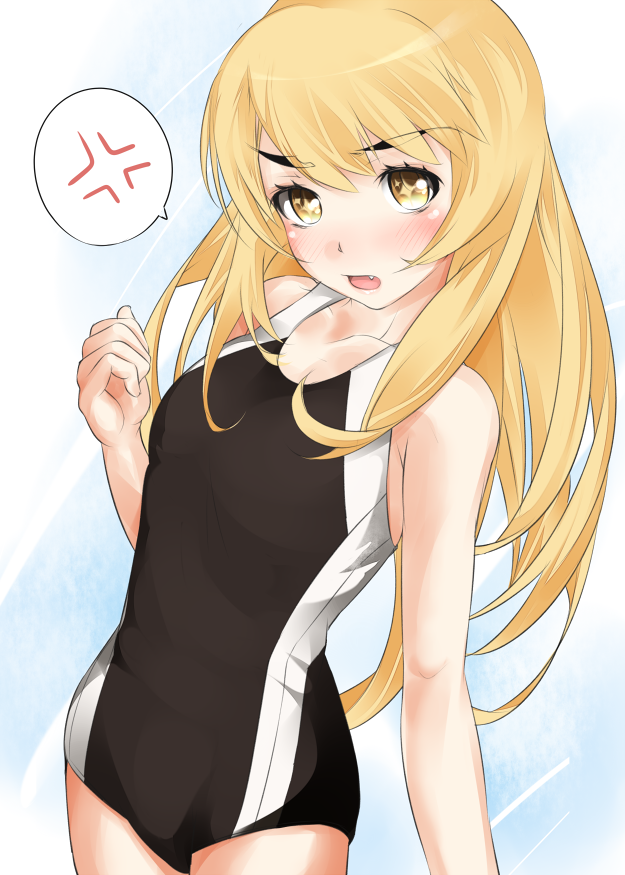 1girl alternate_eyebrows anger_vein bare_arms bare_shoulders black_one-piece_swimsuit blonde_hair blue_background blush breasts bright_pupils brown_eyes child commentary_request competition_swimsuit cowboy_shot fang hair_between_eyes hand_up long_hair looking_at_viewer mismatched_eyebrows monochrome_background one-piece_swimsuit open_mouth shin_(highest1192) shokuhou_misaki sidelocks small_breasts solo speech_bubble star-shaped_pupils star_(symbol) swimsuit symbol-shaped_pupils thick_eyebrows toaru_majutsu_no_index toaru_majutsu_no_index:_new_testament tokiwadai_school_swimsuit yellow_pupils