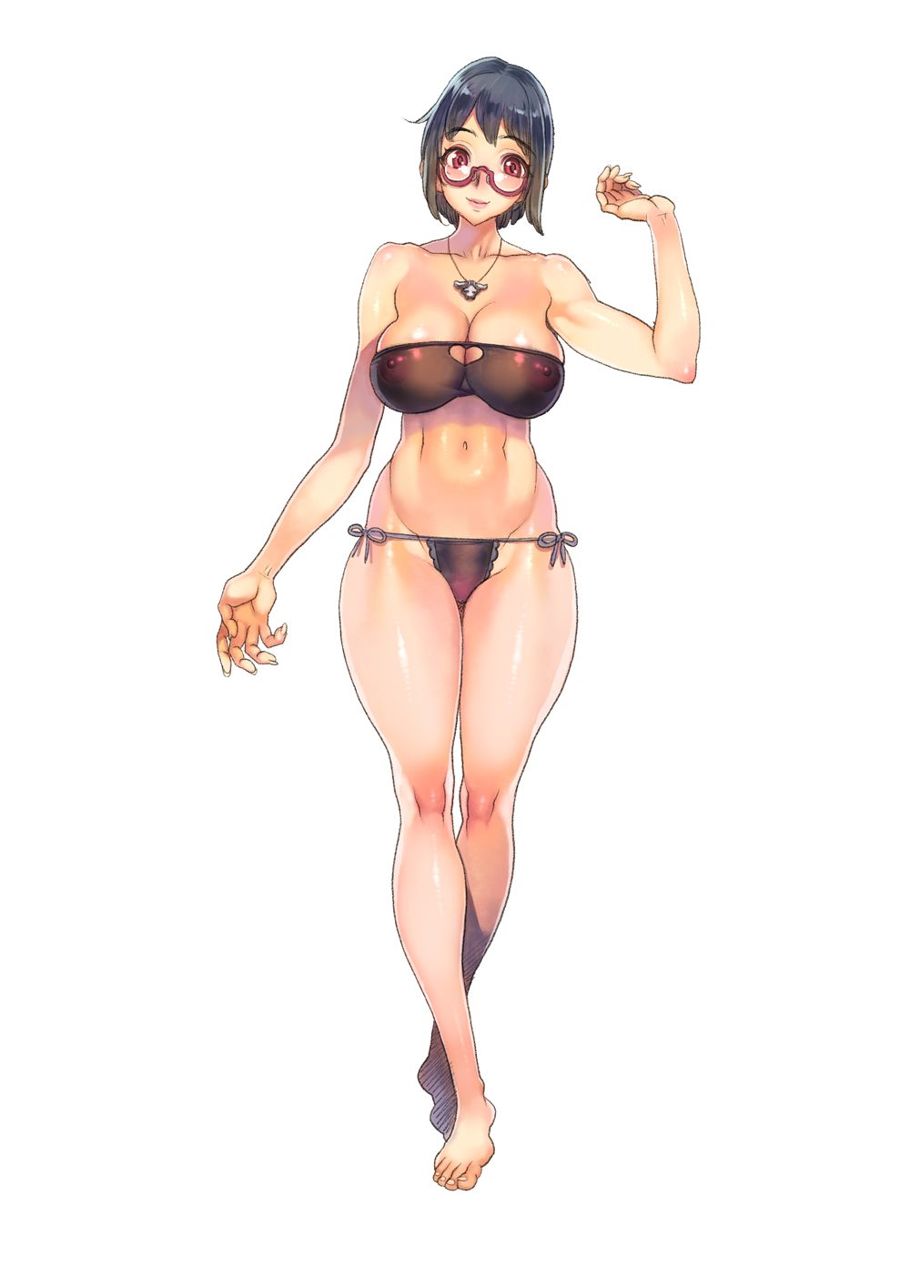 1girl barefoot bikini black_bikini black_hair blush body_blush collarbone f.s. feet female_focus glasses highres jewelry knee_blush looking_at_viewer looking_over_eyewear navel necklace original pixie_cut red_eyes side-tie_bikini_bottom simple_background solo standing swimsuit white_background