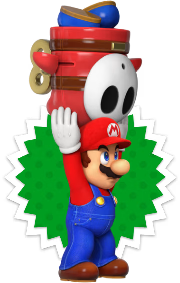 1boy blue_eyes brown_hair carrying_overhead donkey_kong_(series) facial_hair gloves holding hood hood_up mario mario_(series) mario_vs._donkey_kong mask mustache nintendo official_art overalls serious shy_guy