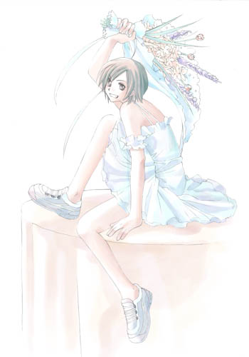 1girl alternate_costume arm_up bad_id bouquet brown_eyes brown_hair commentary_request dress final_fantasy final_fantasy_vii flower full_body grin happy holding holding_bouquet leaning_forward looking_at_viewer lowres on_table rendezvous shoes short_hair sitting smile sneakers solo table tablecloth white_background white_dress white_shoes yuffie_kisaragi