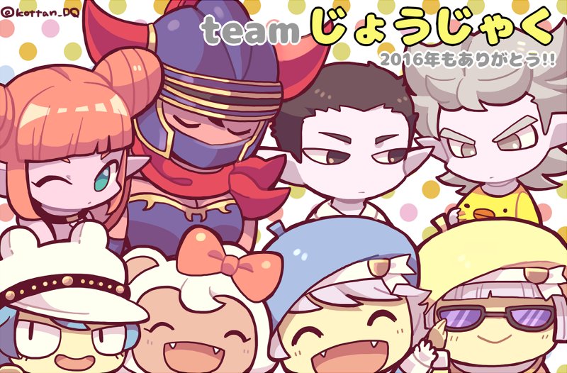 3boys 5boys ^_^ beret black_hair blue_eyes bow breasts brown_hair cleavage closed_eyes colored_skin cone_hair_bun double_bun dragon_quest dragon_quest_x elf_(dq10) fake_horns fangs grey_hair hair_bun happy hat helmet horned_helmet horns kotorai medium_breasts multiple_boys no_nose ogre_(dq10) one_eye_closed open_mouth orange_bow polka_dot polka_dot_background puklipo purple_skin red_scarf scarf sunglasses translation_request twitter_username white_headwear white_skin
