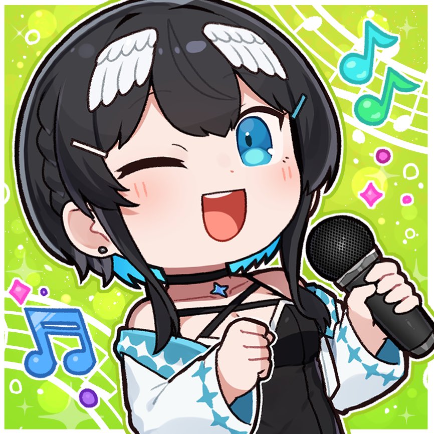 1girl ;d bare_shoulders beamed_sixteenth_notes black_choker black_dress black_hair blue_eyes blue_hair breasts chibi choker cleavage collarbone commentary_request cropped_jacket dress eighth_note green_background hair_ornament hairclip holding holding_microphone indie_virtual_youtuber jacket kurata_rine kurata_rine_(vtuber) long_sleeves looking_at_viewer medium_breasts microphone multicolored_hair musical_note off_shoulder one_eye_closed open_clothes open_jacket open_mouth smile solo two-tone_hair upper_body white_jacket wide_sleeves