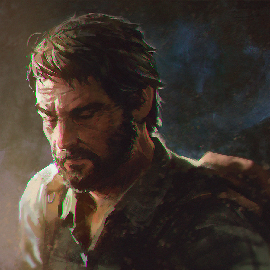 1boy backpack bag closed_eyes facial_hair gradient_background ilya_kuvshinov joel_(the_last_of_us) male_focus naughty_dog solo the_last_of_us the_last_of_us_(series)