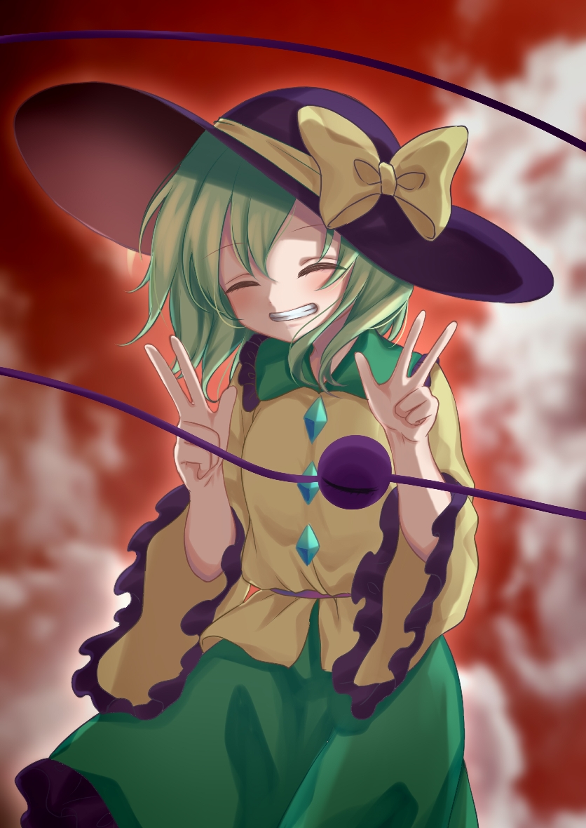 1girl blurry blush bow buttons closed_eyes collar diamond_button female_focus frilled_shirt_collar frilled_skirt frilled_sleeves frills green_collar green_hair green_skirt hat hat_ribbon komeiji_koishi medium_hair purple_hat ribbon rnkgmn shirt skirt smile solo teeth third_eye touhou v wide_sleeves yellow_bow yellow_ribbon yellow_shirt