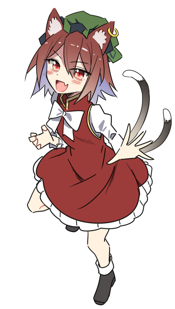 1girl :d animal_ear_fluff animal_ear_piercing animal_ears arm_up black_footwear blush bow bowtie breasts brown_hair cat_ears cat_tail chen double-parted_bangs dress e.o. earrings fang foreshortening full_body hair_between_eyes hat jewelry medium_breasts mob_cap multiple_tails nekomata open_mouth petticoat red_dress red_eyes short_hair single_earring skin_fang slit_pupils smile solo standing tail touhou two_tails v-shaped_eyebrows white_background white_bow white_bowtie
