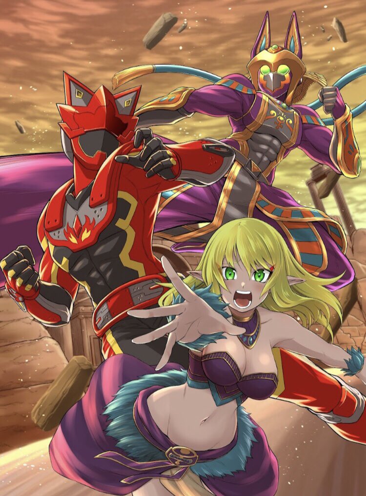 1girl 2boys amun_(sentai_red_ga_isekai_de_boukensha_ni_naru) armor asagaki_toogo azir_anuma_kukuja black_tube_top blonde_hair bodysuit breasts character_request cleavage dark-skinned_female dark_elf dark_skin desert elf green_eyes helmet kizuna_red large_breasts long_hair multiple_boys muscular muscular_male nakayoshi_koyoshi navel pointy_ears power_armor purple_bodysuit ranya_(sentai_red_ga_isekai_de_boukensha_ni_naru) red_bodysuit red_helmet sentai_red_ga_isekai_de_boukensha_ni_naru strapless tokusatsu tube_top