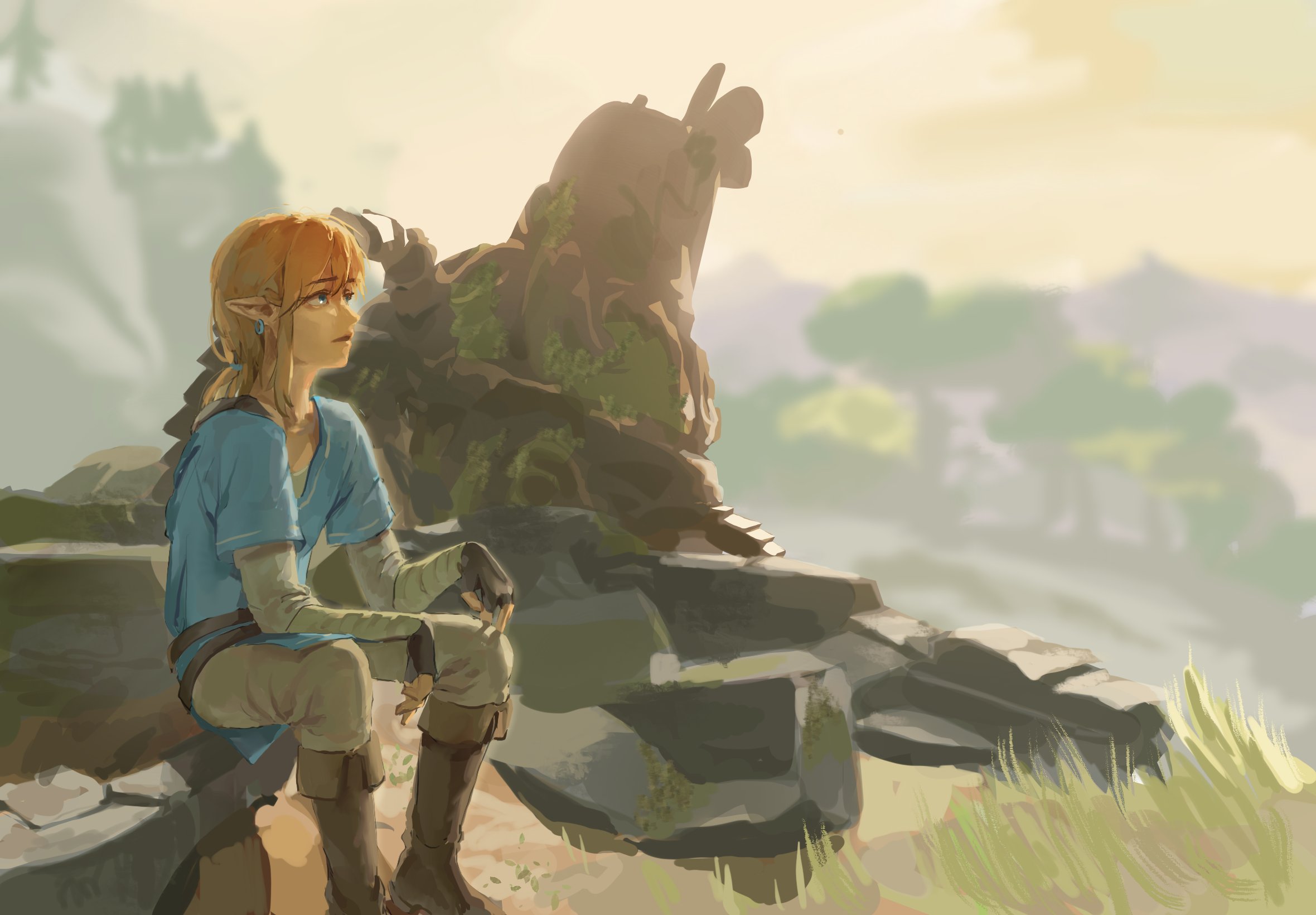 1boy belt black_gloves blue_shirt boots brown_belt brown_boots brown_pants day earrings fingerless_gloves from_side gloves grass green_eyes guardian_(zelda) highres jewelry knee_boots layered_sleeves link long_sleeves male_focus mountain nintendo outdoors pants pointy_ears psp26958748 shirt short_over_long_sleeves short_sleeves sitting solo the_legend_of_zelda the_legend_of_zelda:_breath_of_the_wild tree