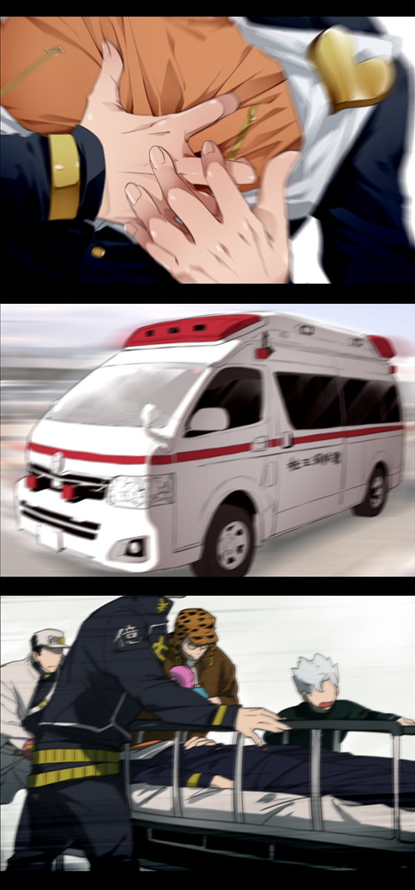 ambulance bad_id bad_pixiv_id clutching_chest diamond_wa_kudakenai gakuran heart heart_attack highres hirose_koichi jojo_no_kimyou_na_bouken joseph_joestar joseph_joestar_(old) kuujou_joutarou male_focus meme motion_blur multiple_boys nijimura_okuyasu school_uniform senbiki_(nonono69) shizuka_joestar stretcher wristband zipper