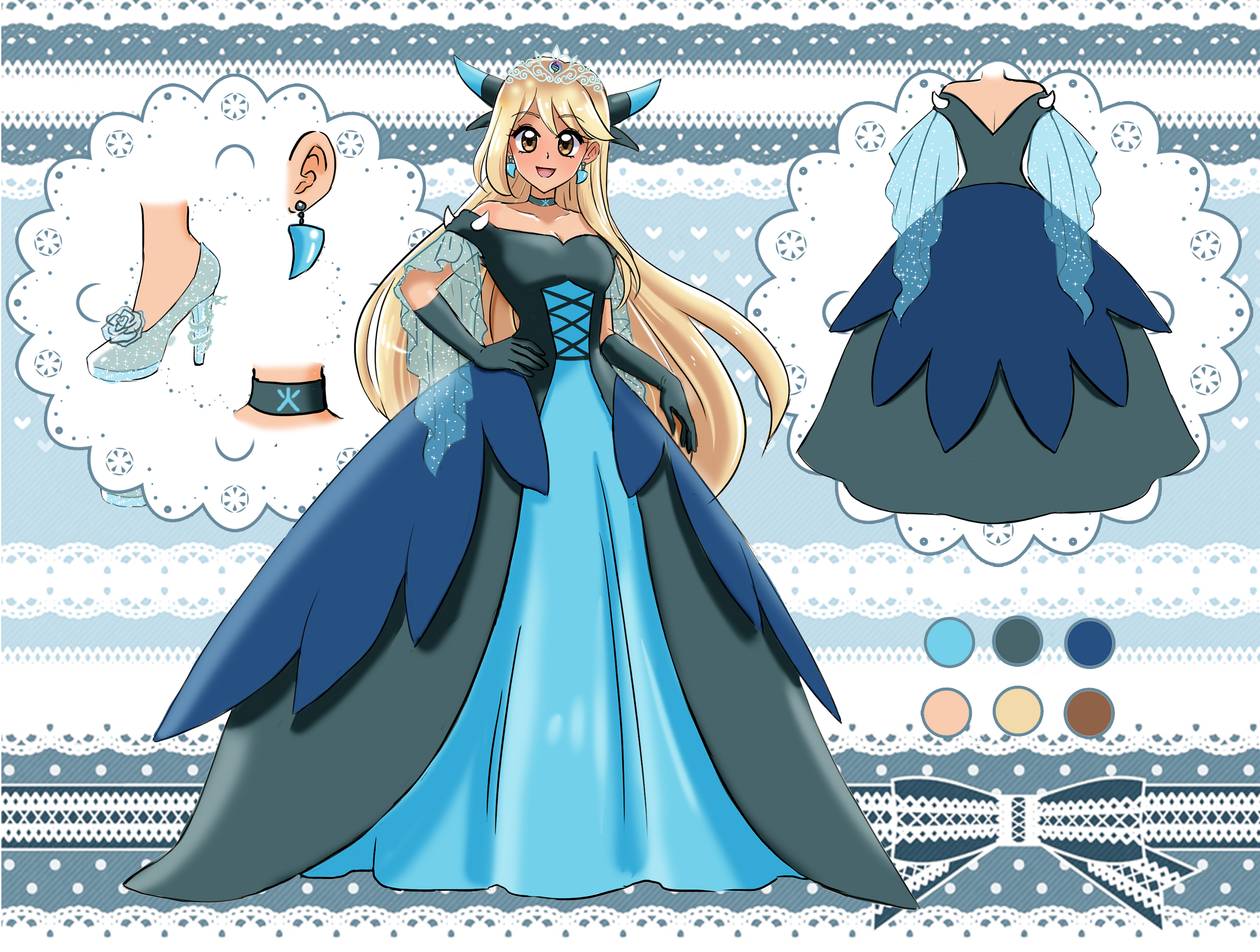 1girl blonde_hair brown_eyes charizard choker cosplay creatures_(company) dress earrings game_freak gen_1_pokemon glass_slipper highres jewelry mega_charizard_x mega_charizard_x_(cosplay) mega_pokemon mega_stone nintendo original pokemon princess reference_sheet shoulder_spikes spikes tiara tsaianda