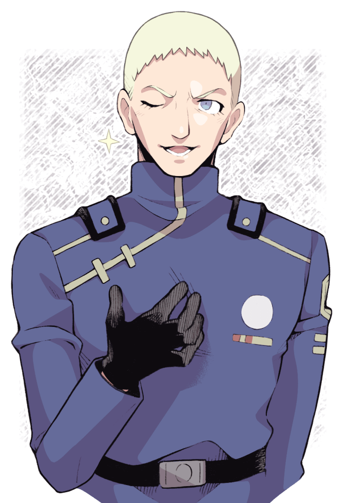1boy belt black_gloves blonde_hair blue_eyes breath_of_fire breath_of_fire_iv captain_rasso gloves hand_on_own_chest looking_at_viewer male_focus military_uniform minashirazu one_eye_closed open_mouth smile solo sparkle